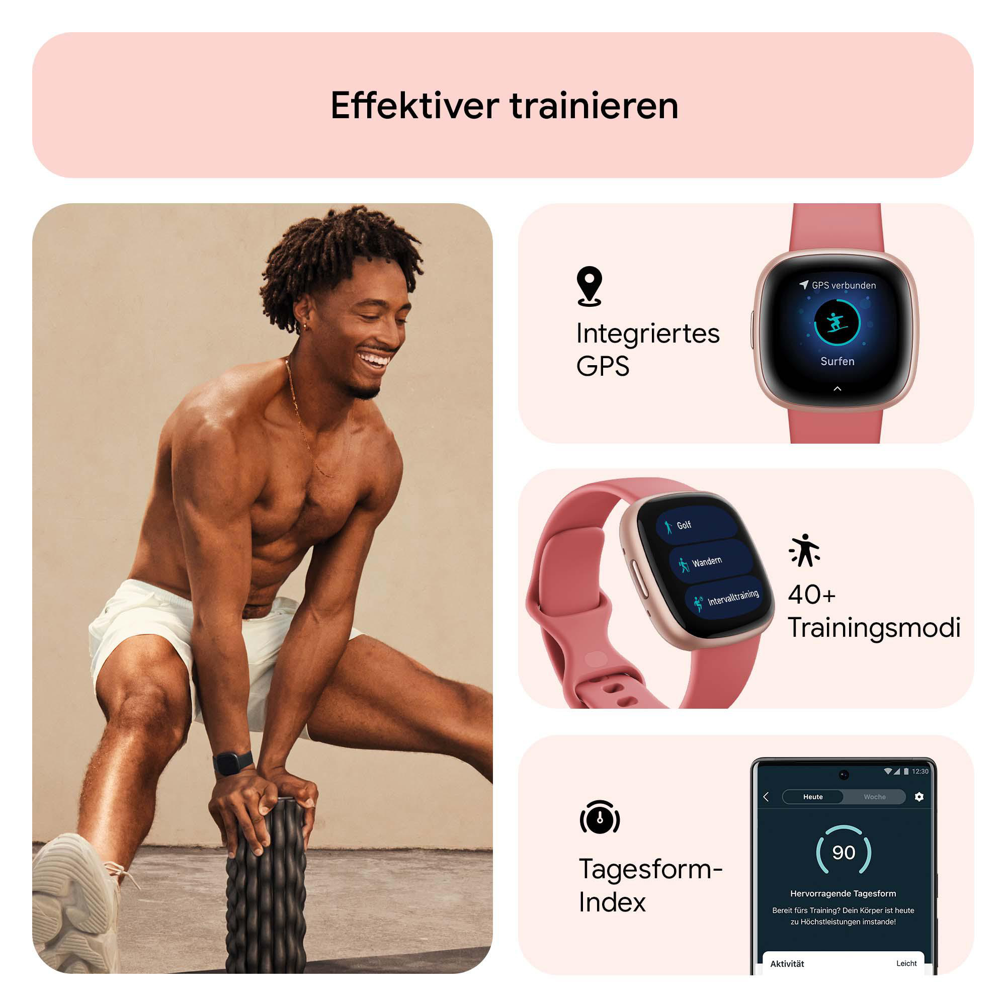 Ein Mann dehnt sich, mit Fitness-Trackern, Trainingsinformationen und einer Smartwatch.