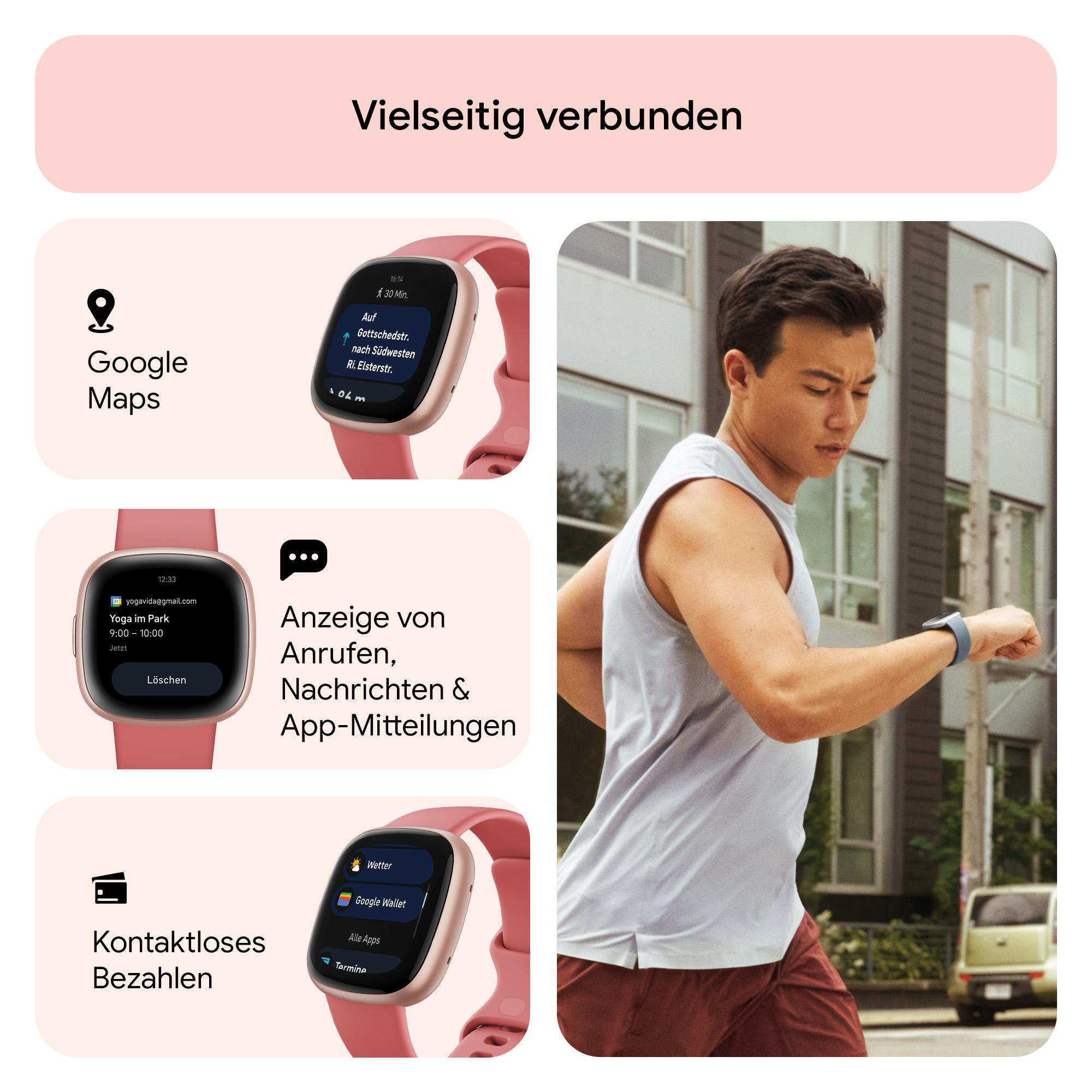 Smartwatch mit Google Maps, Benachrichtigungen und kontaktlosen Zahlungsoptionen.