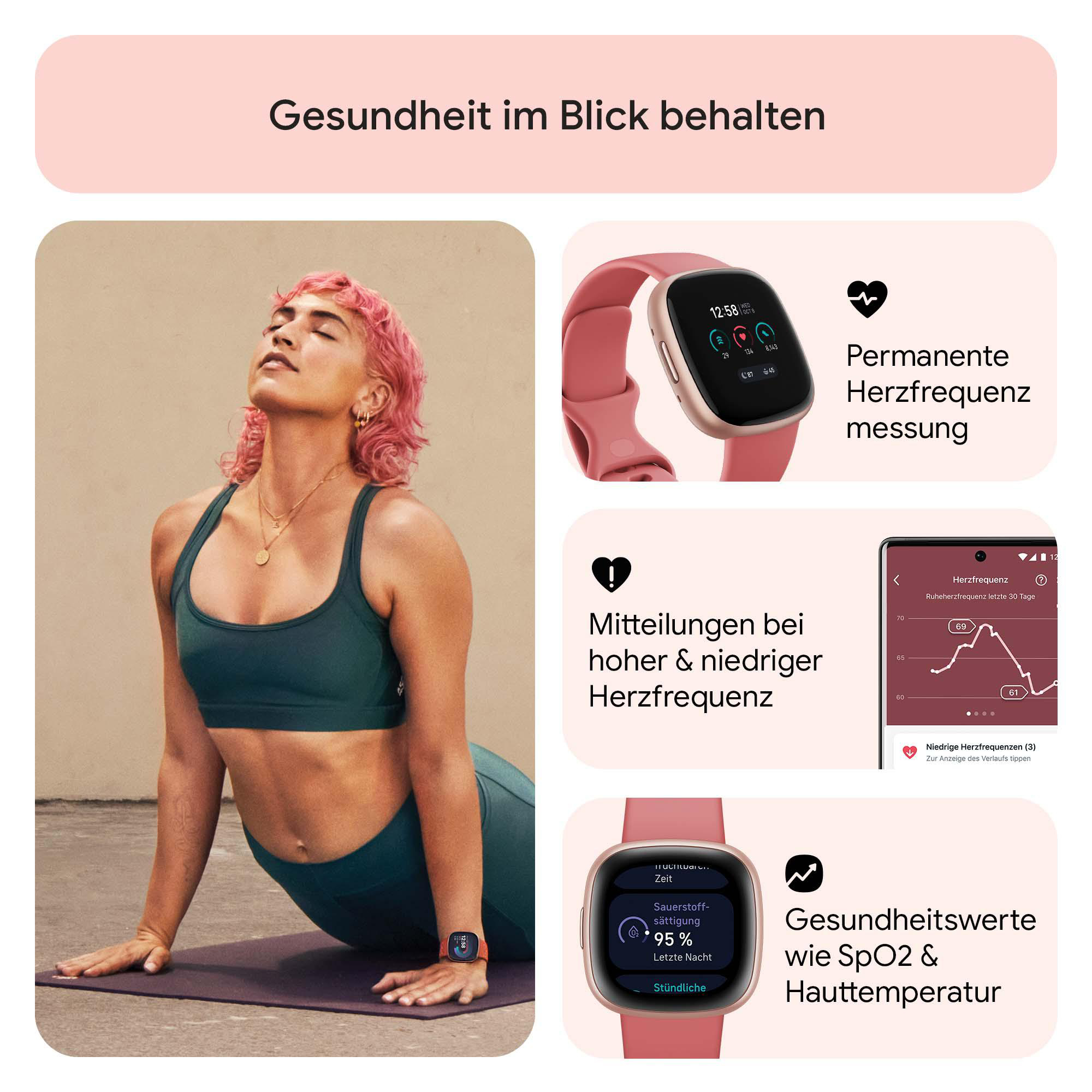 Eine Frau in Sportkleidung macht Yoga. Eine Smartwatch zeigt Gesundheitsdaten. Text: 'Gesundheit im Blick behalten'.
