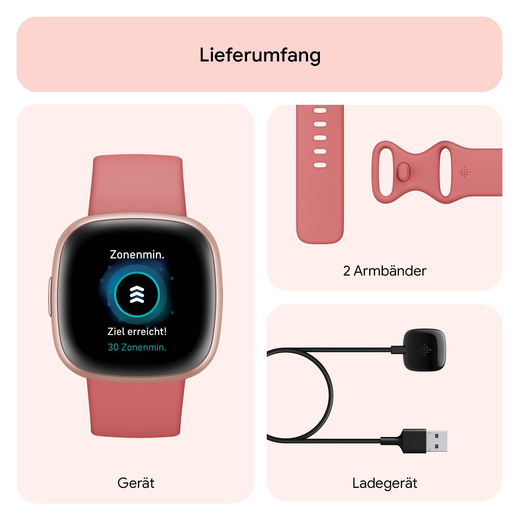 Smartwatch mit rosa Armband, zwei zusätzlichen Armbändern und Ladegerät. Anzeige zeigt Fortschritt.