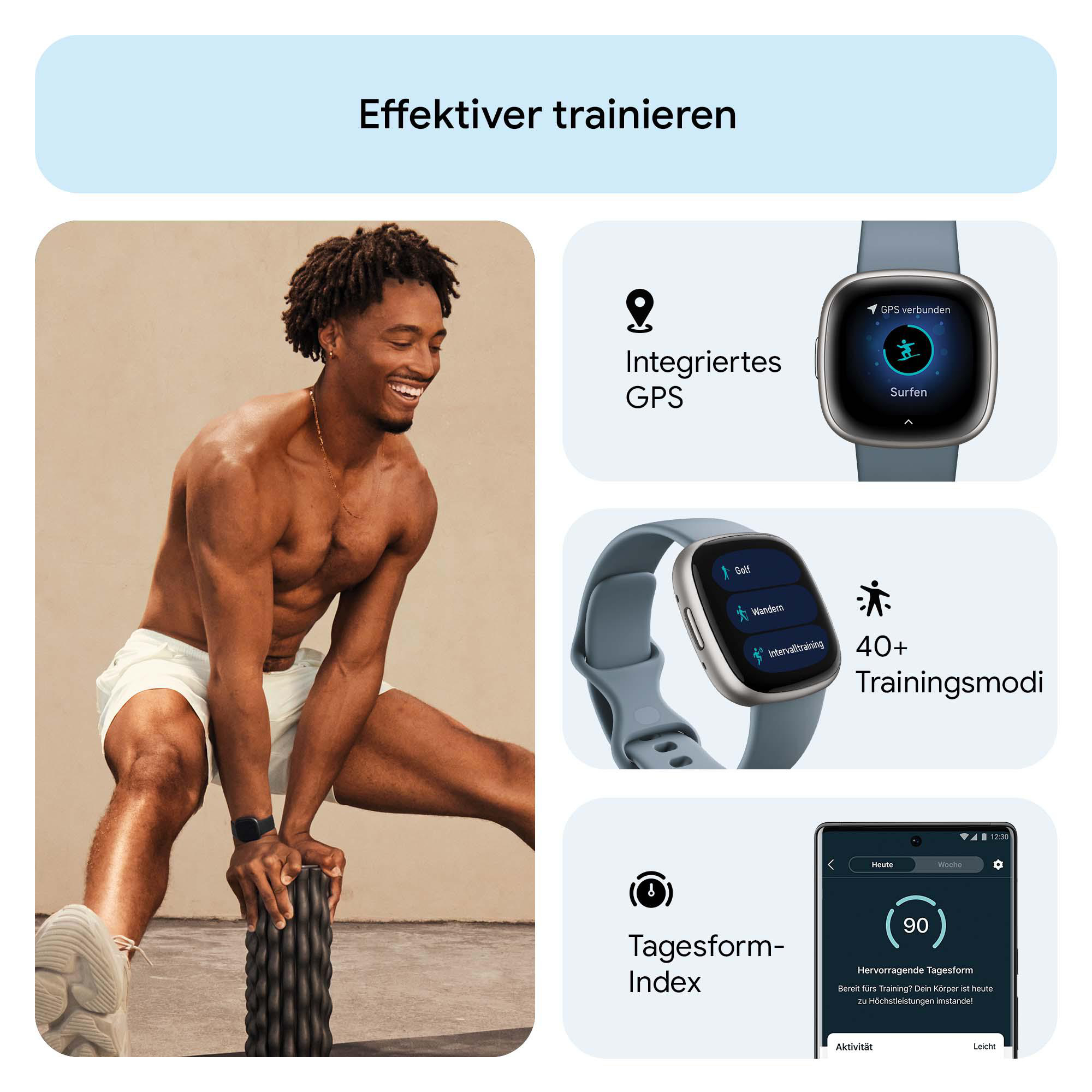 Mann trainiert mit Fitnesstracker und Smartwatch, App-Oberfläche auf dem Bildschirm.