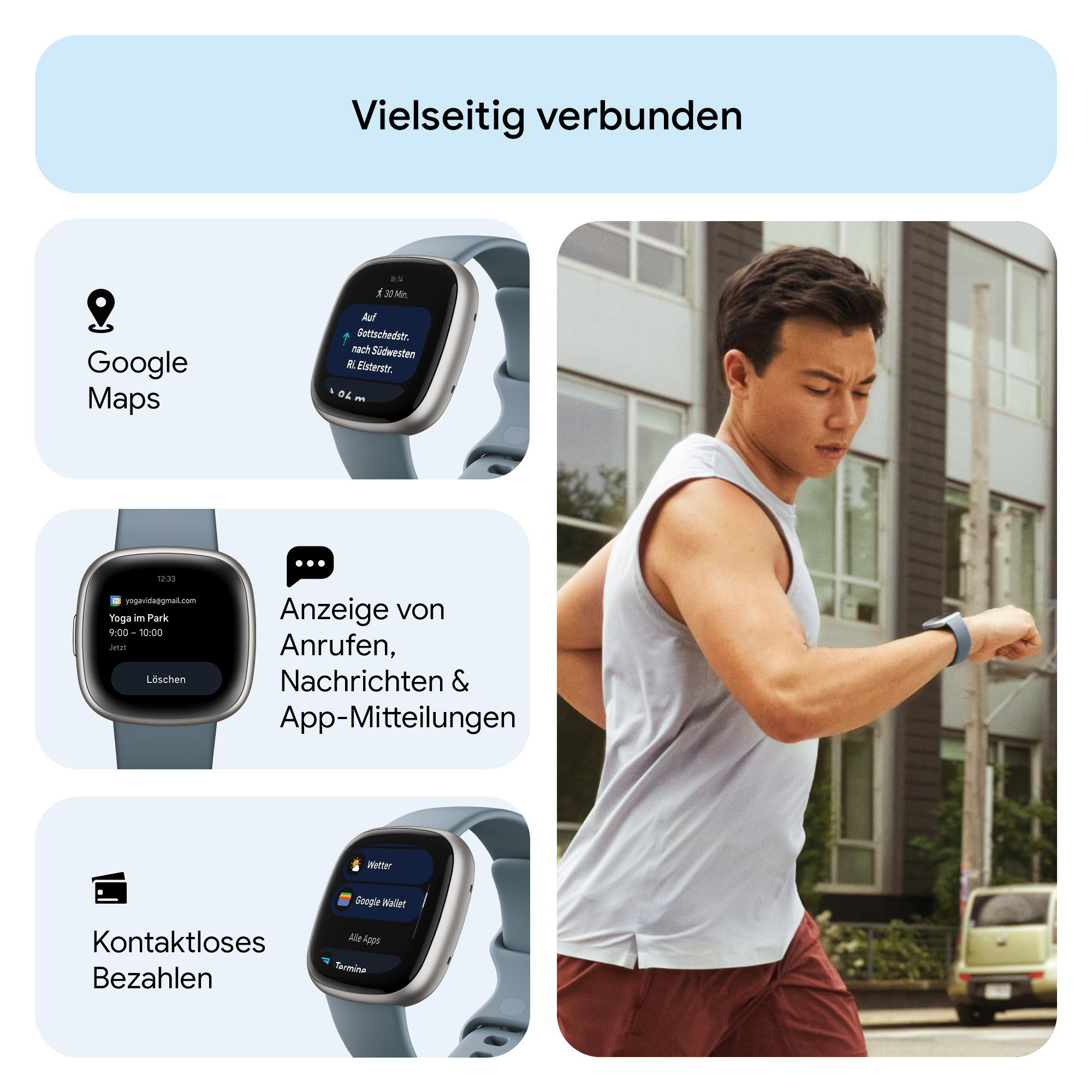 Mann läuft, trägt Smartwatch, mit Screenshots der Smartwatch-App.