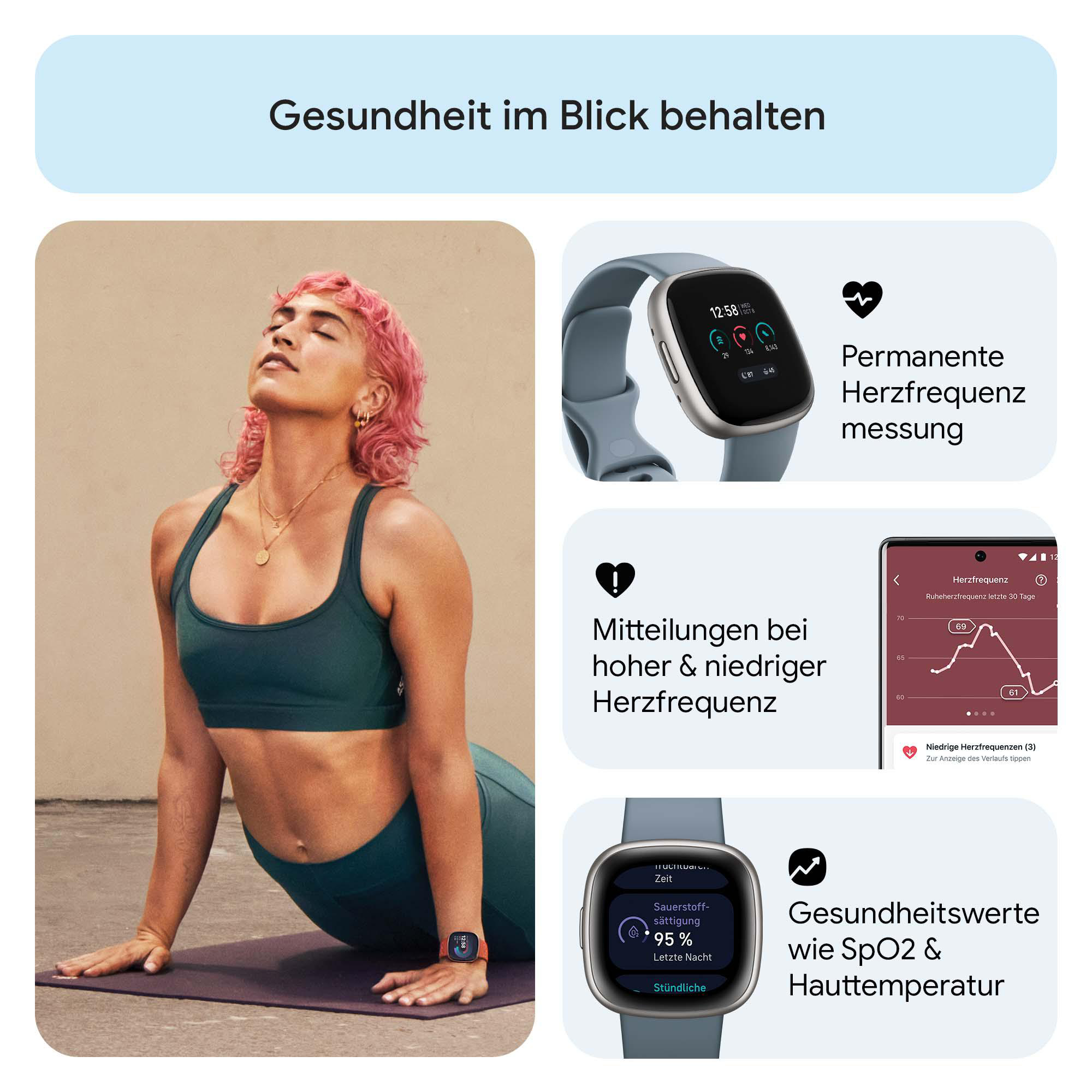 Frau macht Yoga, mit Smartwatch, die Gesundheitsdaten anzeigt, und Gesundheitsinfografiken.