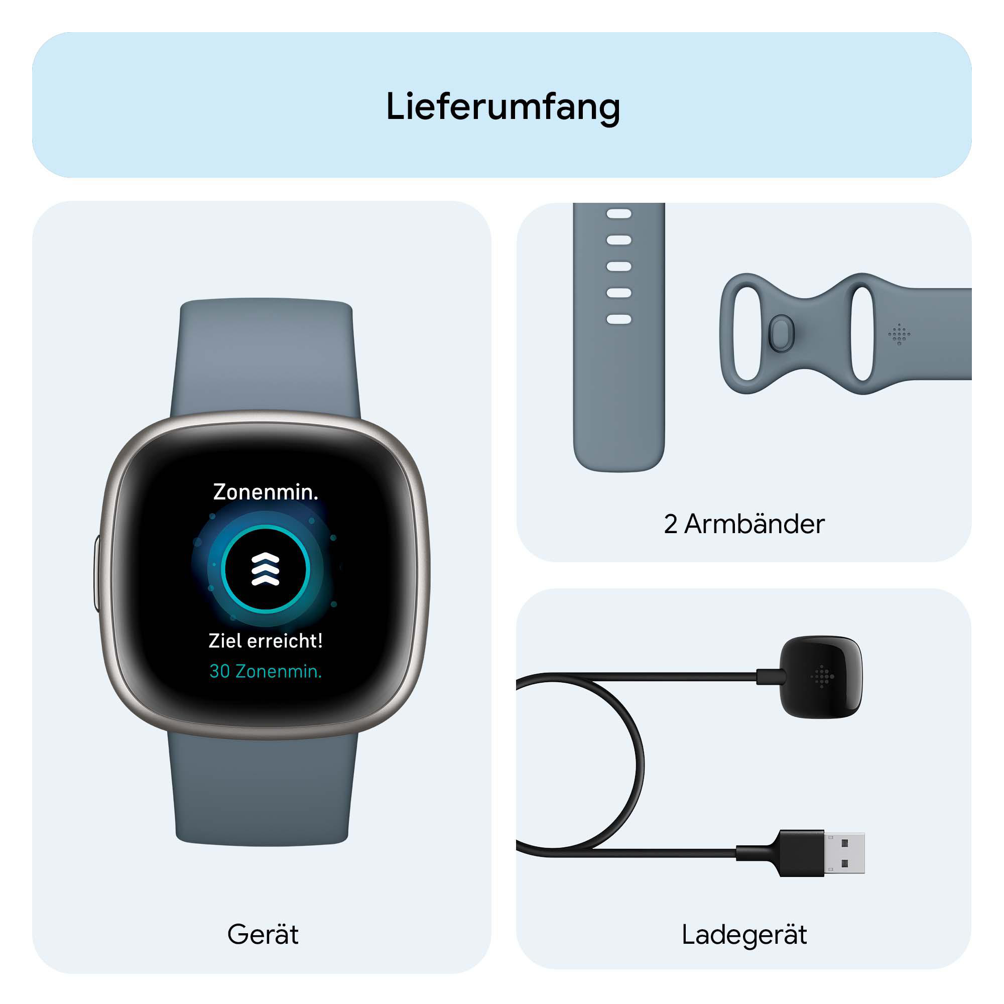 Smartwatch mit Zubehör: zusätzliches Armband und Ladegerät.