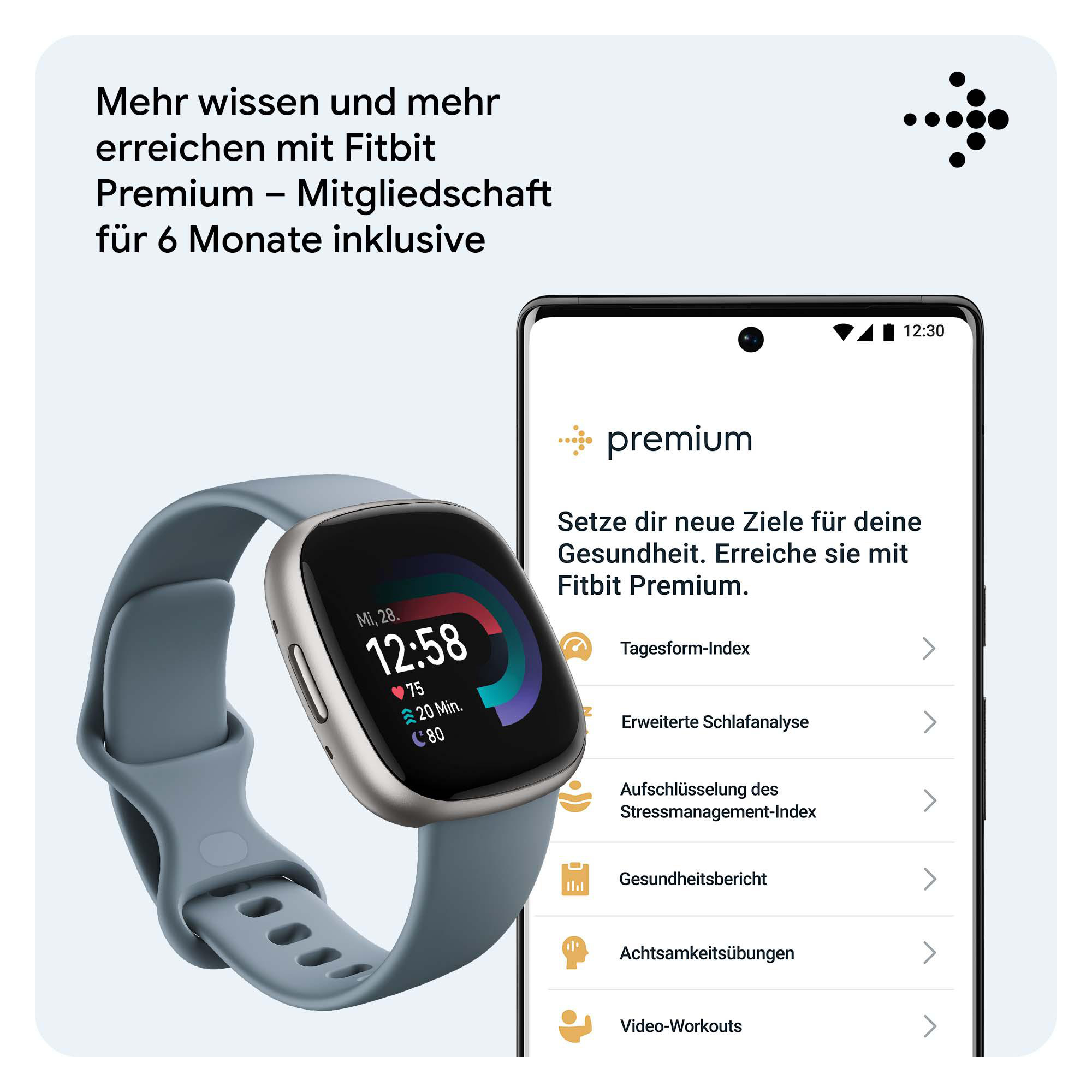 Fitbit Smartwatch am Handgelenk neben Telefon mit Premium-App.