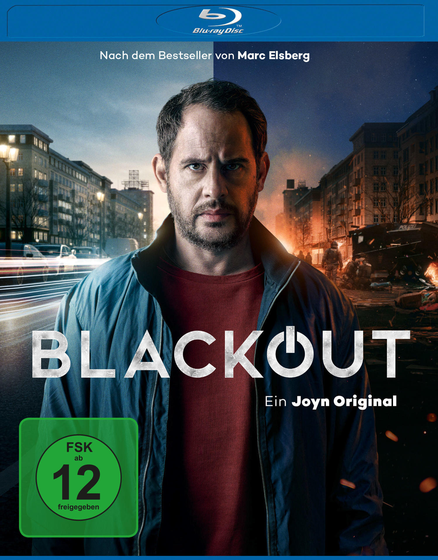 Blu-ray-Cover für "Blackout". Ein Mann steht vor einer Stadtszene. Deutscher Text ist vorhanden.