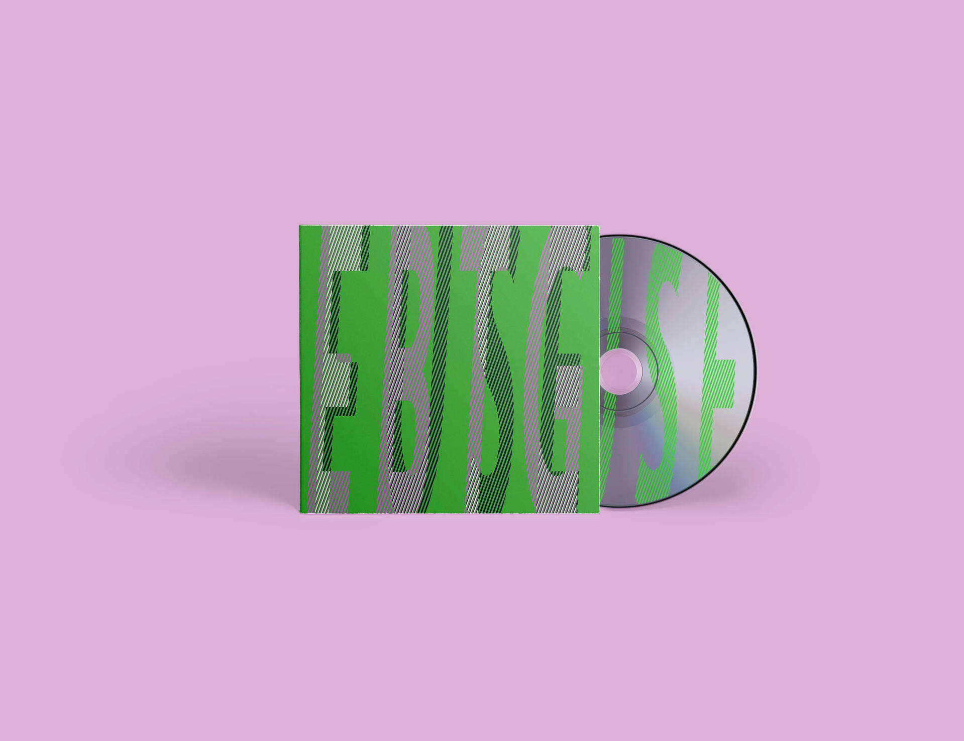 Een cd-hoesje en -schijf met een groen en zwart ontwerp op een roze achtergrond.
