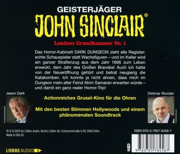 Cover eines John Sinclair Hörspiels, mit Text und Bildern der Darsteller.