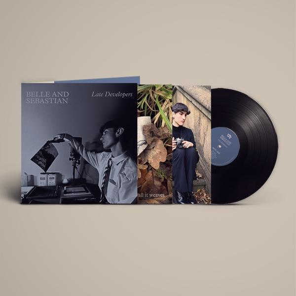 Albumcover von Belle and Sebastian's Late Developers, mit Vinyl Schallplatte.