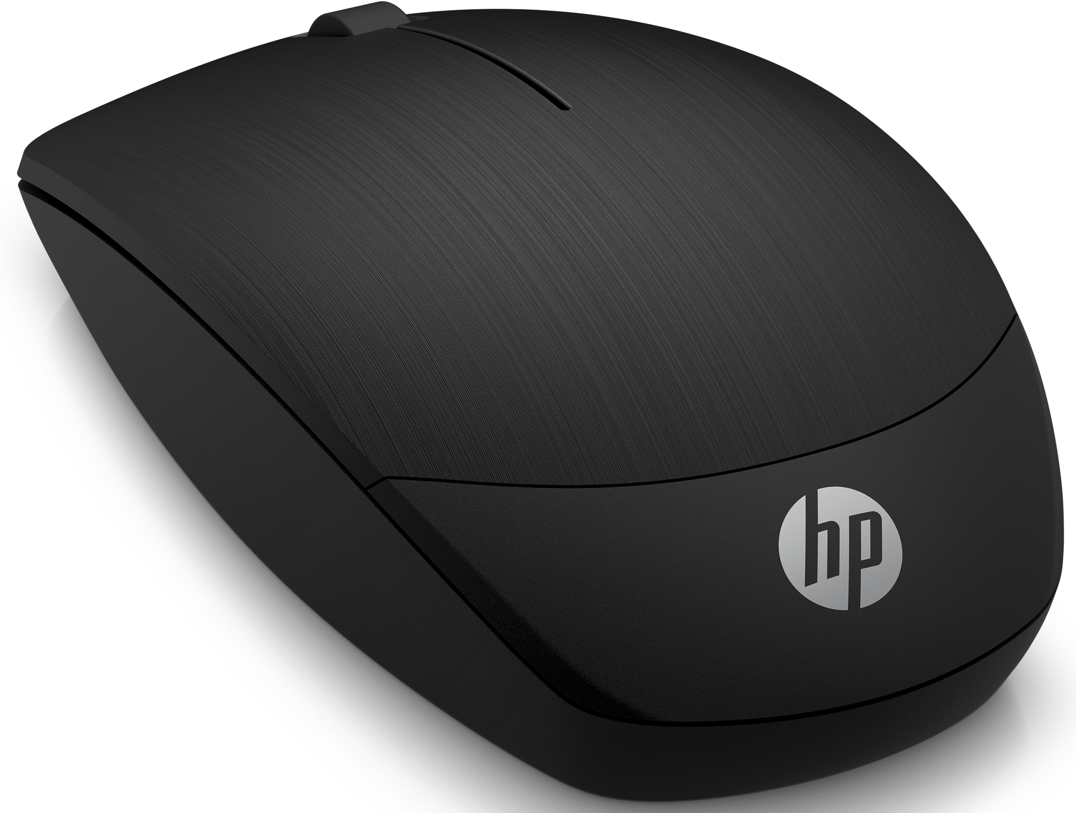 Zwarte draadloze muis met het HP-logo. Het is een standaard muisontwerp.