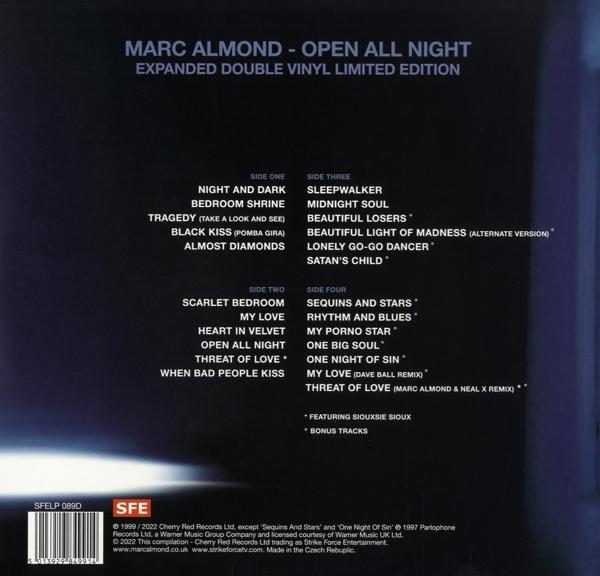 Albumcover mit Text, der Songs, Bandnamen "MARC ALMOND" und Albumtitel "OPEN ALL NIGHT" auflistet.