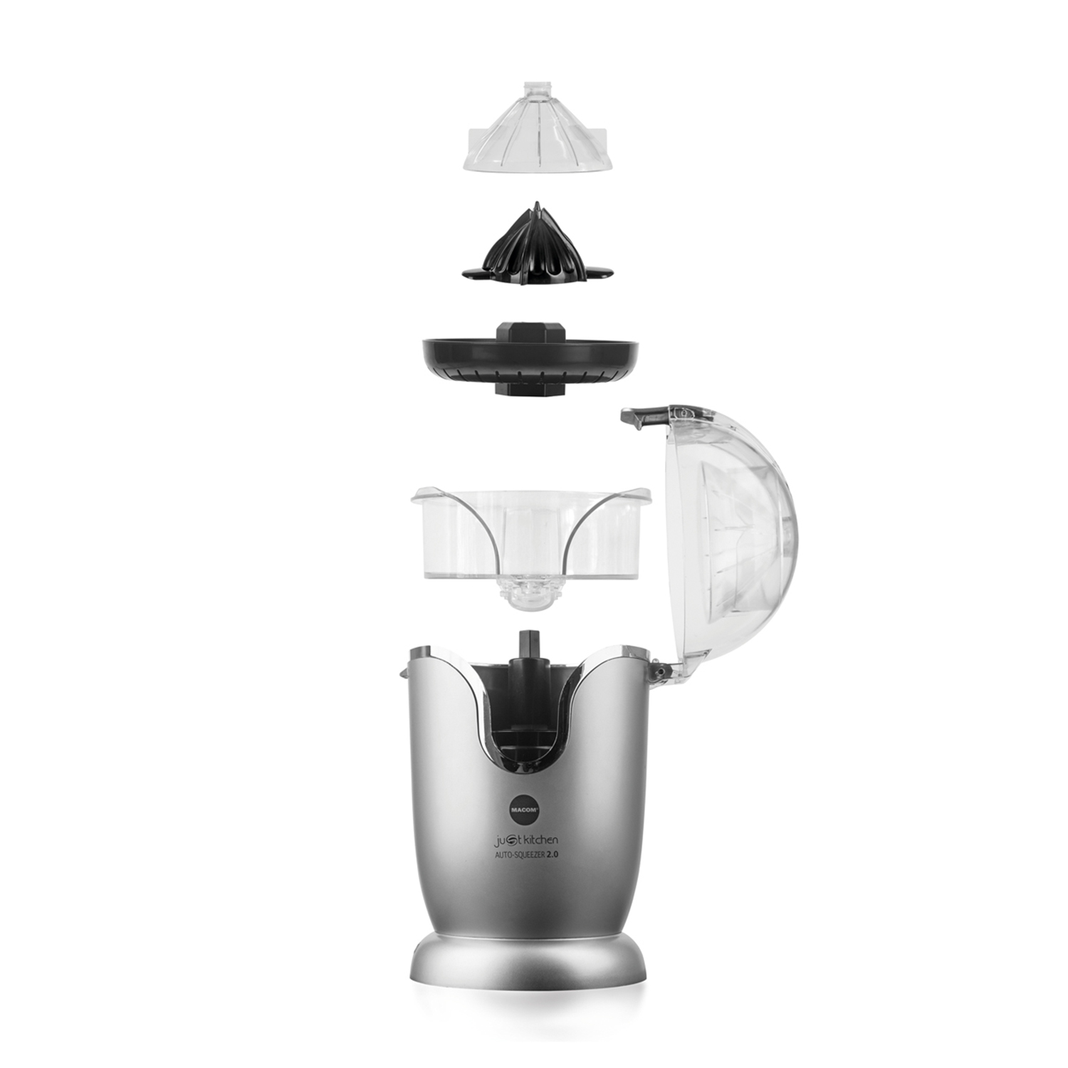 Cucina spremiagrumi argentata con parti trasparenti, smontata.
