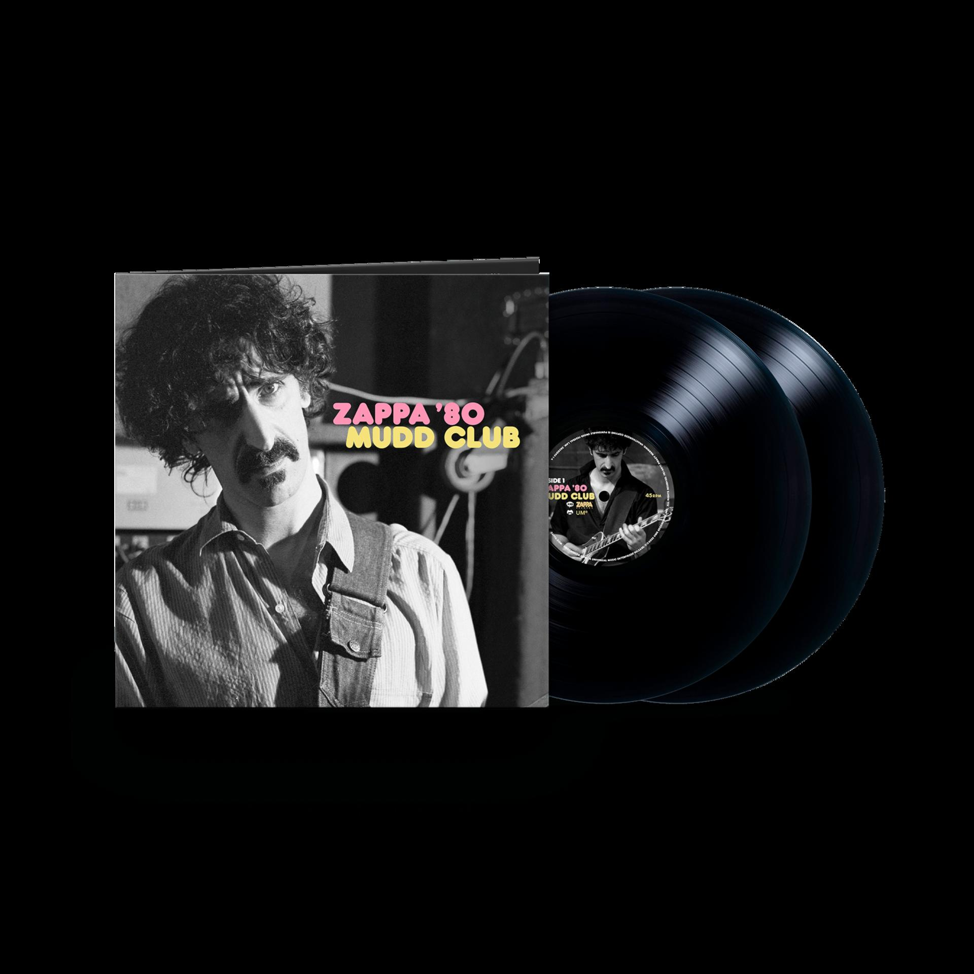 Zappa '80 Mudd Club Vinylplatte mit Cover-Art und zwei schwarzen Vinylplatten.