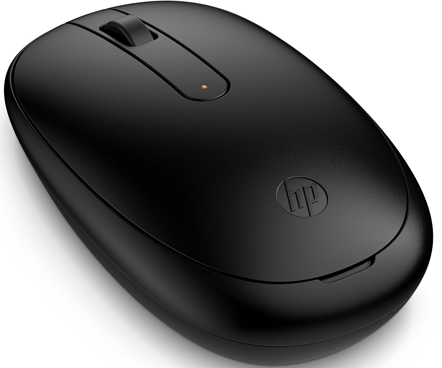 Zwarte HP muis met HP logo en scrollwiel.