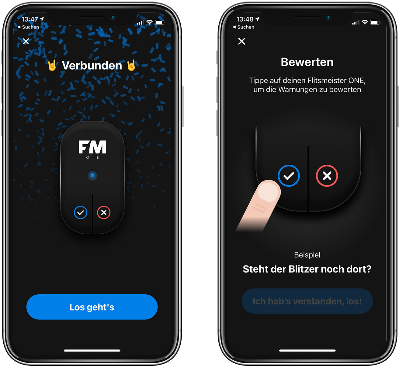 Twee telefoonschermen tonen een app-interface. Eén toont verbonden, de ander een beoordelingsprompt.
