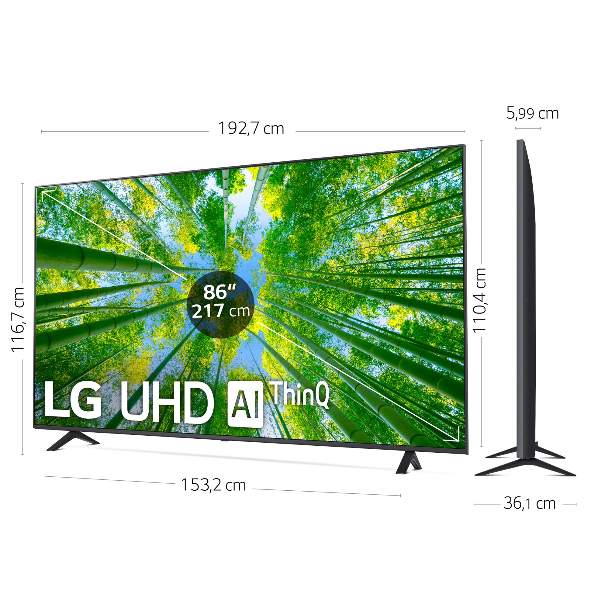 Un televisor LG UHD AI ThinQ de 86 pulgadas, con etiquetas de dimensiones, sobre un fondo blanco.