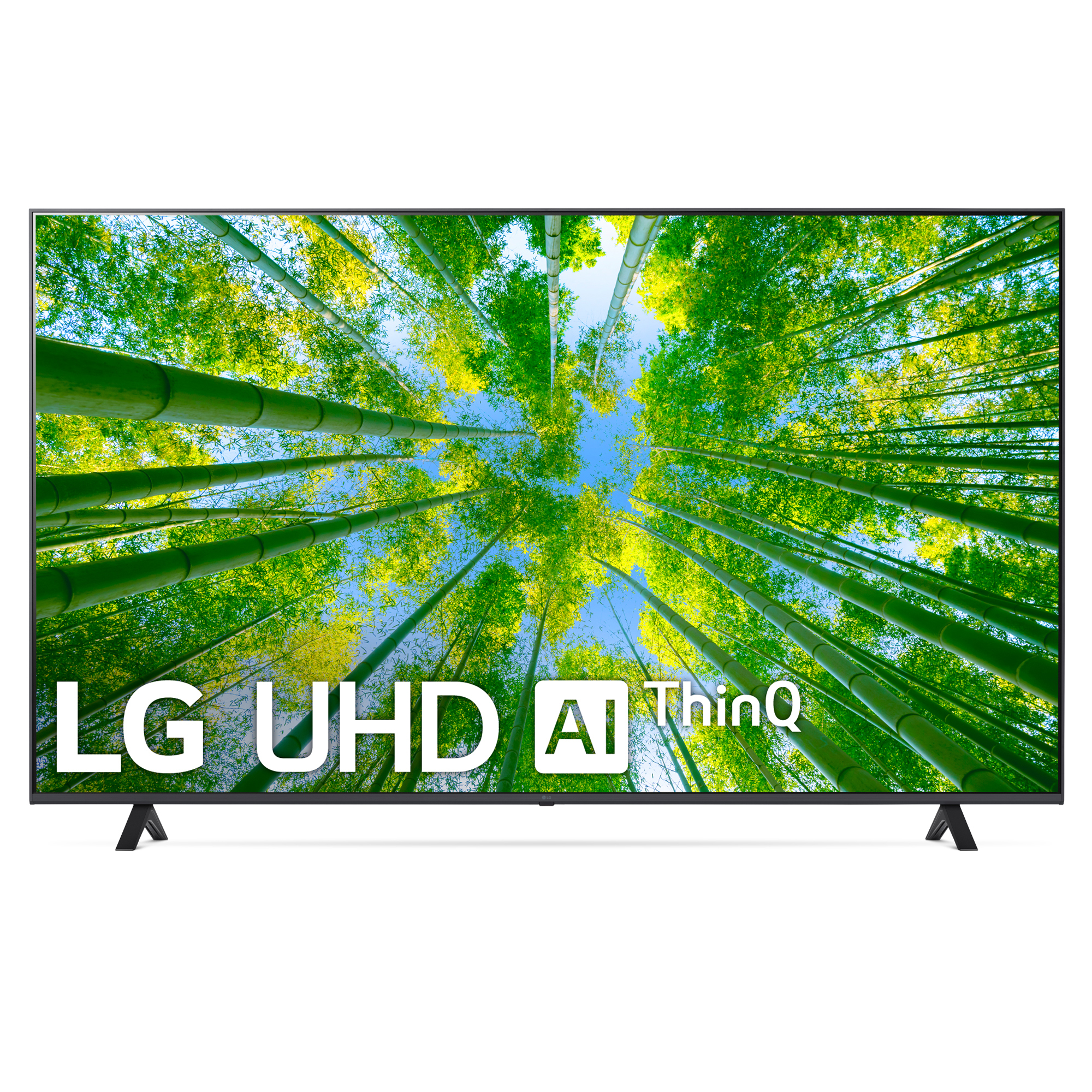 Un televisor LG UHD AI ThinQ mostrando una vista de un bosque.