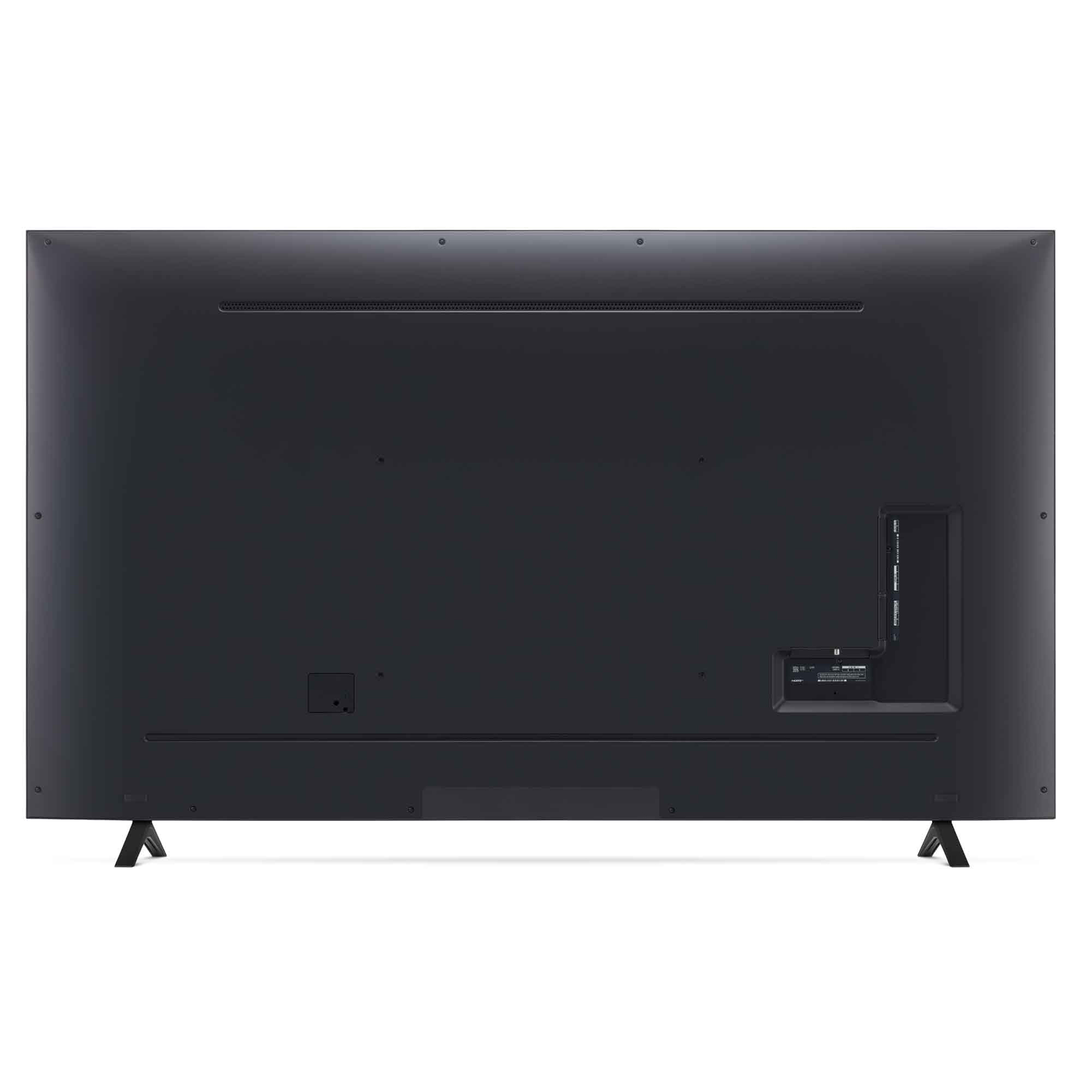 La parte trasera de un televisor negro grande con puertos y soporte.