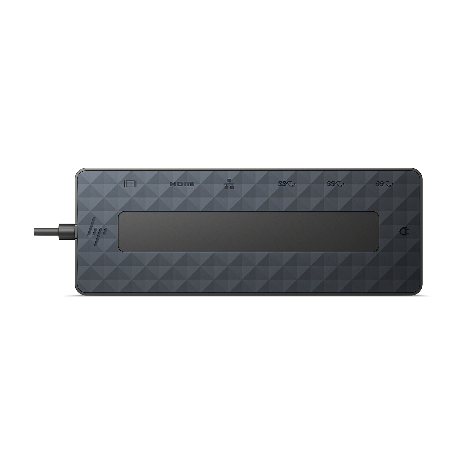 Un hub HP grigio scuro con più porte tra cui HDMI e USB-C, forma rettangolare.