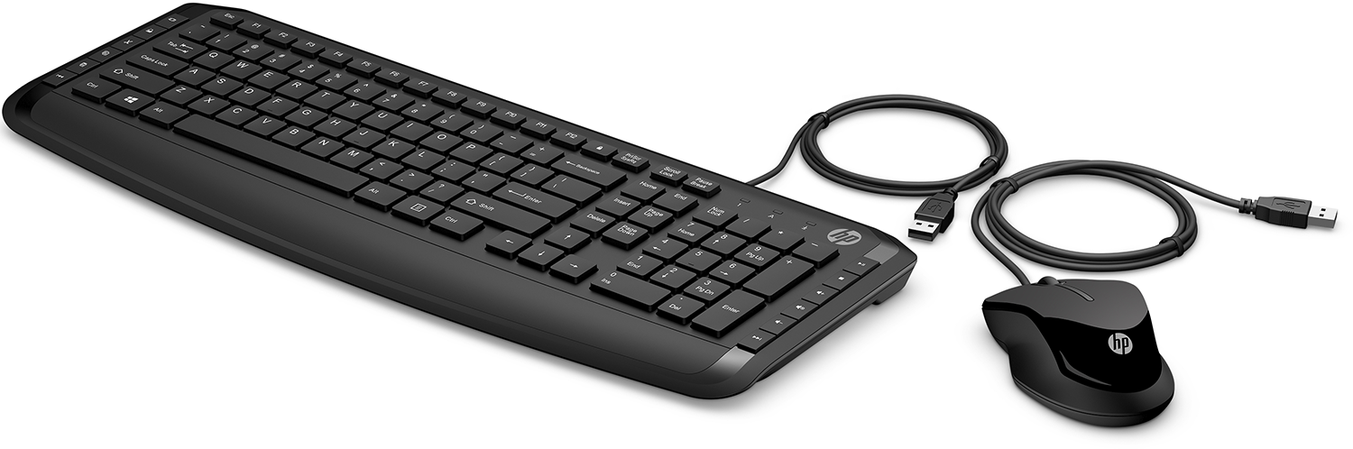 Zwarte HP-toetsenbord- en muisset, met USB-kabels.