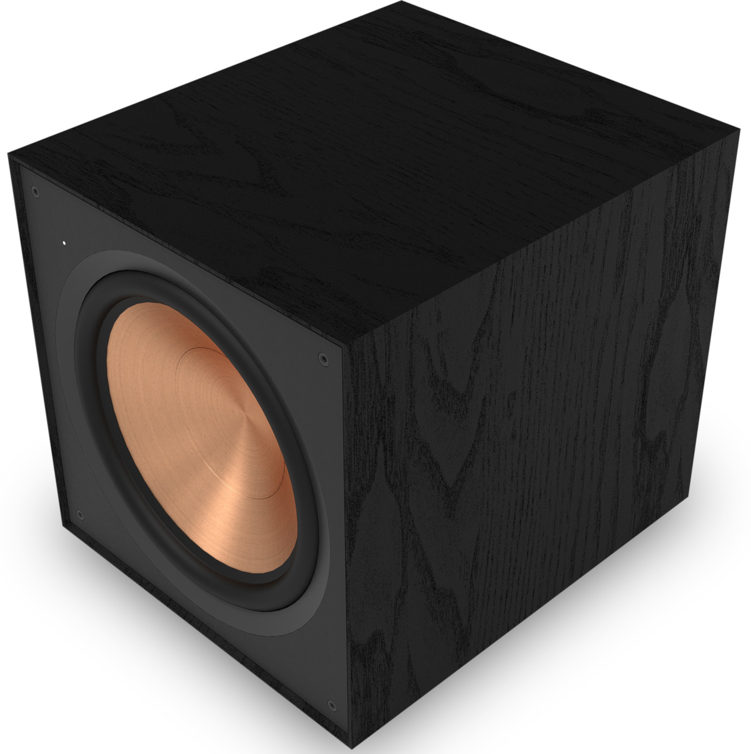Un caisson de basses noir avec un cône de haut-parleur en cuivre, à l'intérieur d'un caisson en bois, vue en angle.