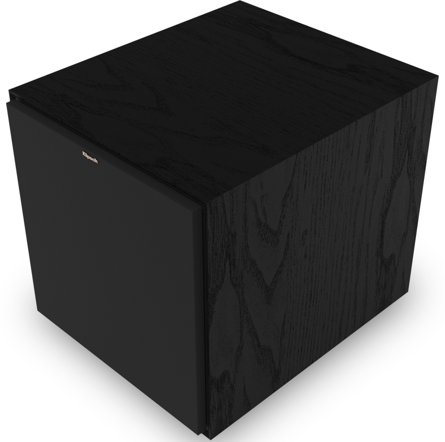Caisson de basses noir, vue de dessus, avec tissu de haut-parleur noir à l'avant.