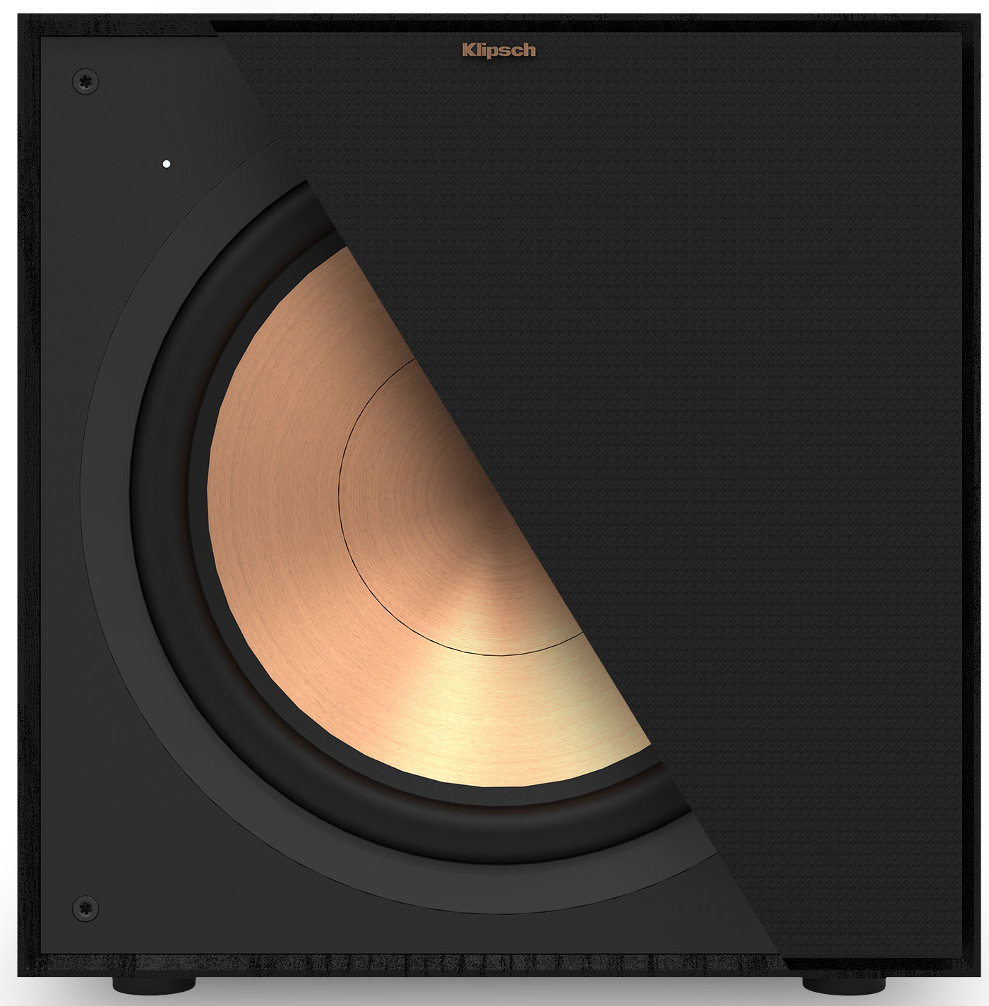 Caisson de basses Klipsch noir avec cône de haut-parleur couleur cuivre partiellement visible.