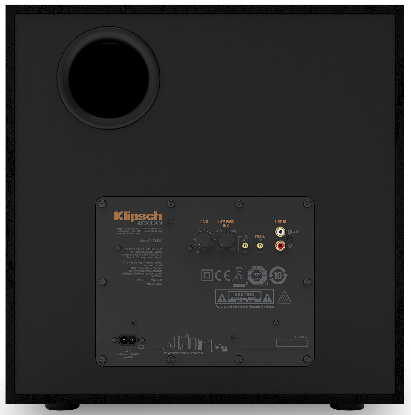 Caisson de basses noir avec logo Klipsch. L'arrière a des entrées, des commandes et une prise de courant.