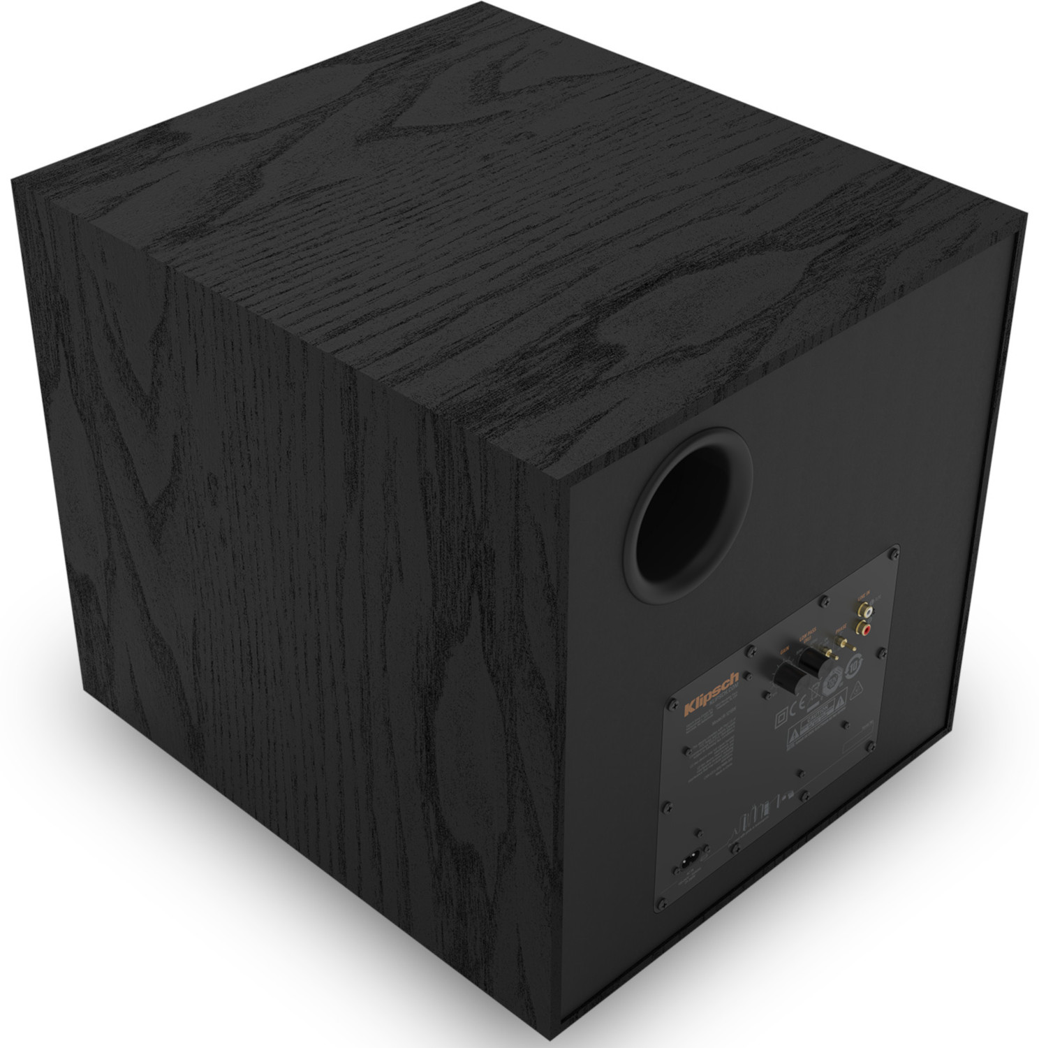 Un caisson de basses noir avec un port rond et le logo Klipsch visible.