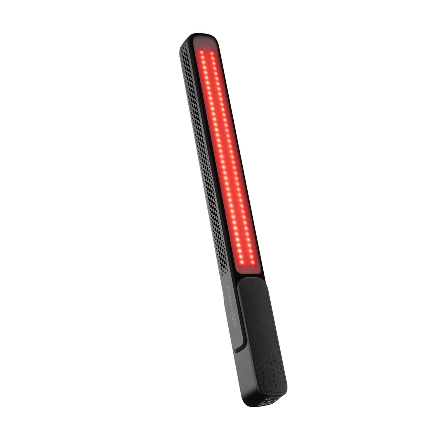 Dispositivo per terapia a luce rossa nero. Forma cilindrica con luci rosse su un lato. Manico nero.