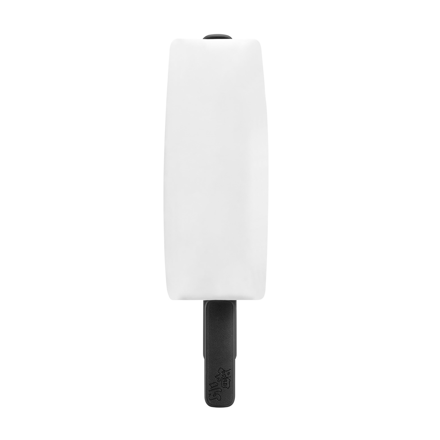 Un ghiacciolo bianco con un bastoncino nero, isolato su sfondo bianco. È semplice e pulito.