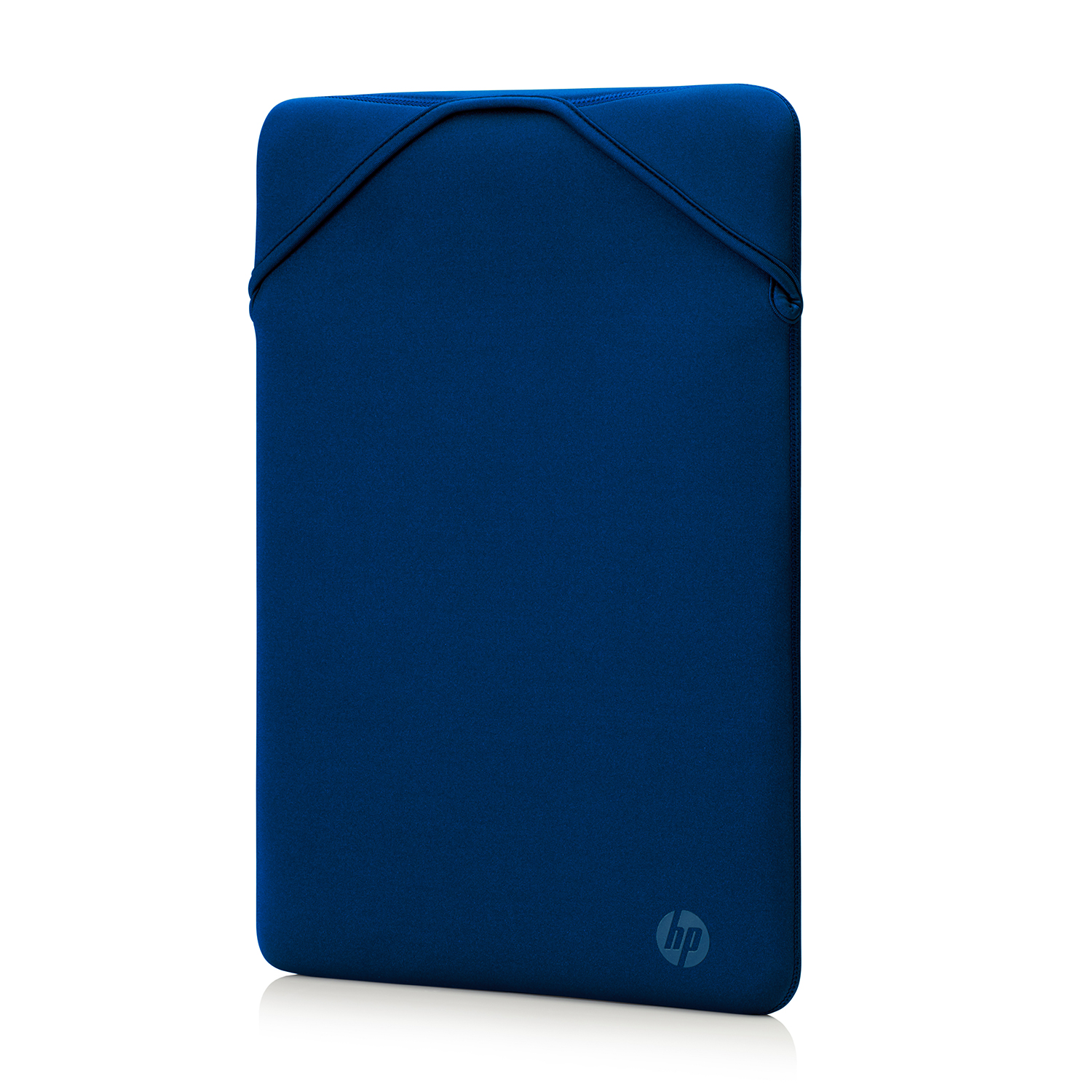 Una custodia blu per laptop con il logo HP su sfondo bianco.