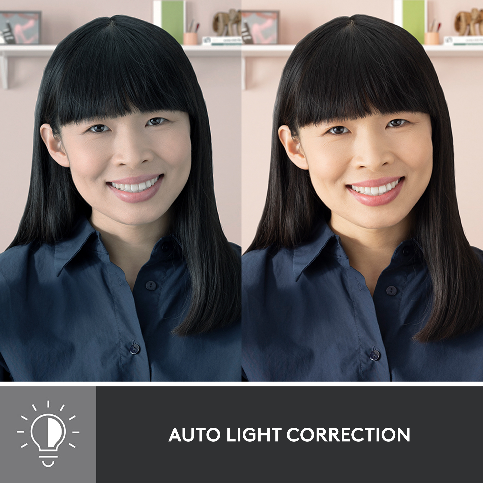 Deux photos d'une femme souriante aux cheveux noirs. L'image de droite a une correction automatique de la lumière.