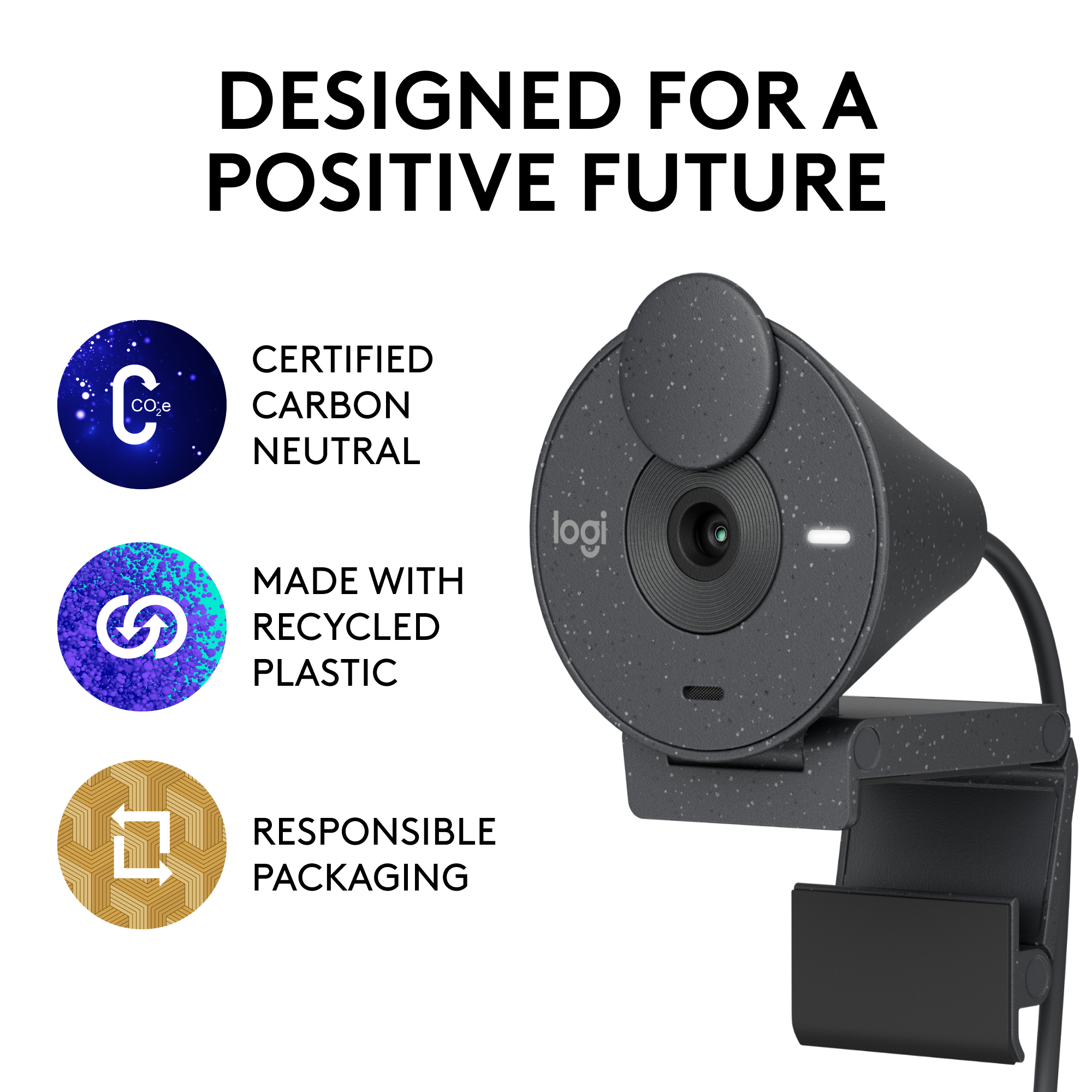 Une webcam noire avec le texte "Conçu pour un avenir positif" et des logos.