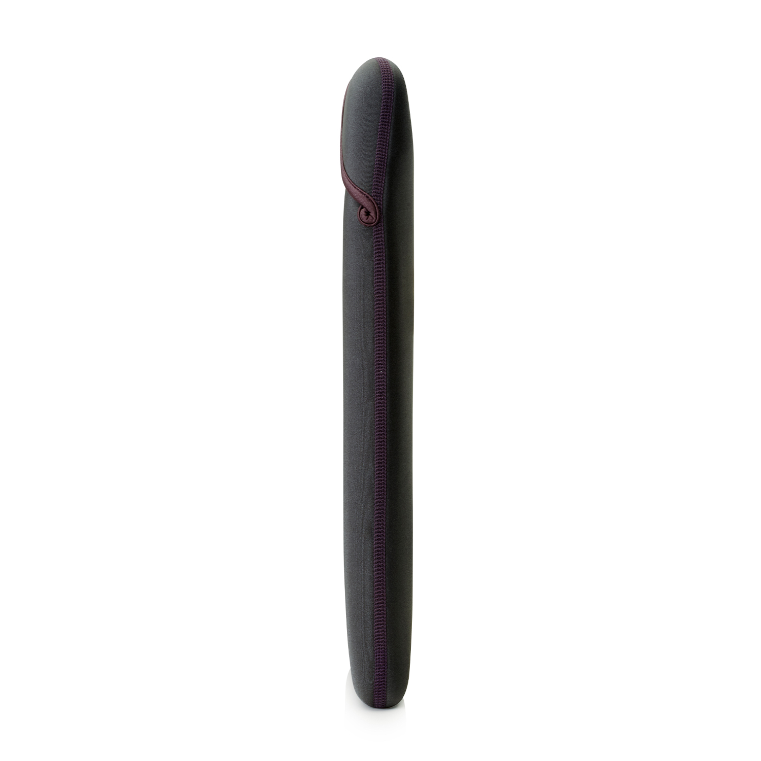 Custodia per tablet, grigio scuro con cuciture viola e cerniera viola.