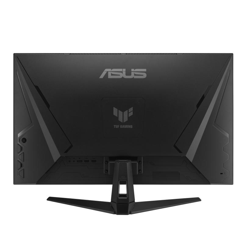 Die Rückseite eines schwarzen ASUS Gaming-Monitors mit den ASUS- und TUF Gaming-Logos.