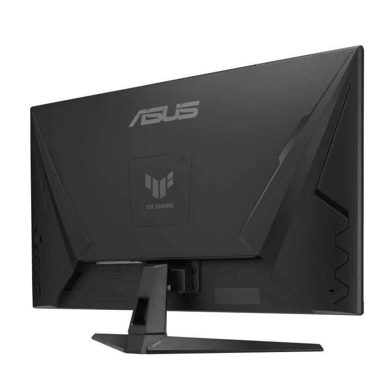 Rückseite eines schwarzen ASUS Gaming-Monitors. Der Ständer ist sichtbar. Der Hintergrund ist weiß.