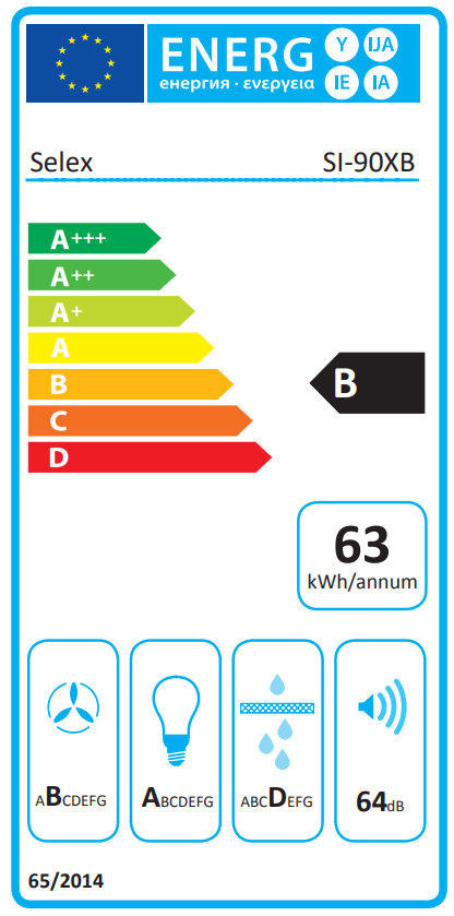Energiahatékonysági címke besorolásokkal és szimbólumokkal, fehér háttér előtt.