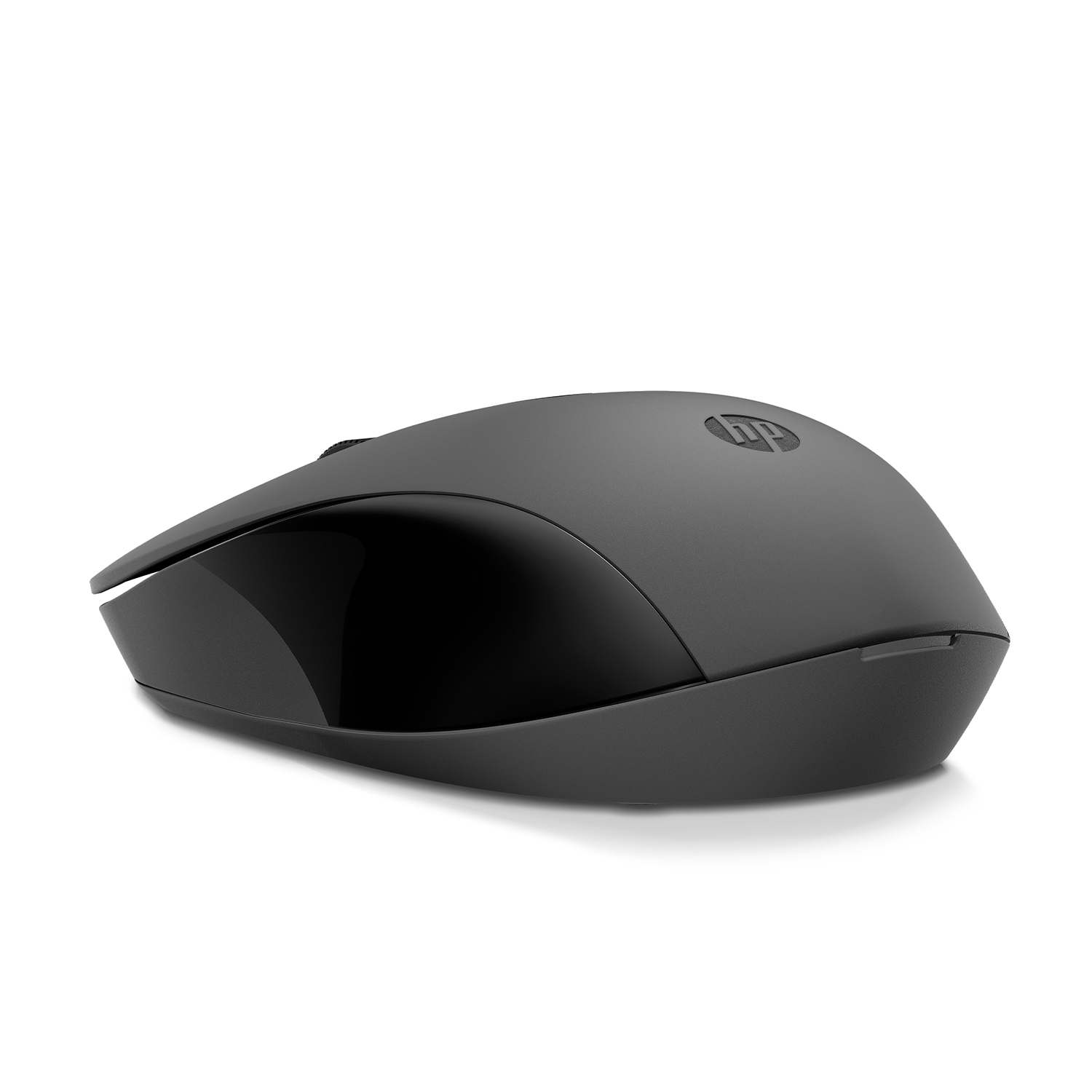 Mouse HP nero su sfondo bianco. Ha un design elegante e il logo HP è visibile.