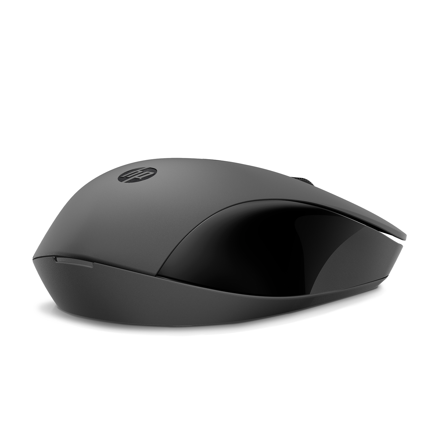 Un mouse per computer nero con un design liscio, mostrato in prospettiva dal basso su sfondo bianco.