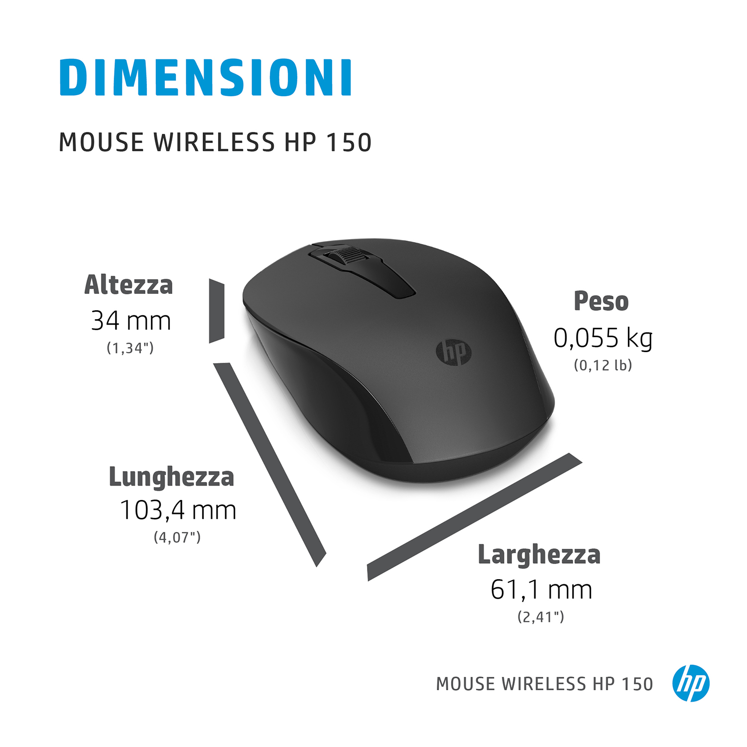 Mouse wireless HP nero con dettagli su dimensioni e peso. Sfondo bianco.