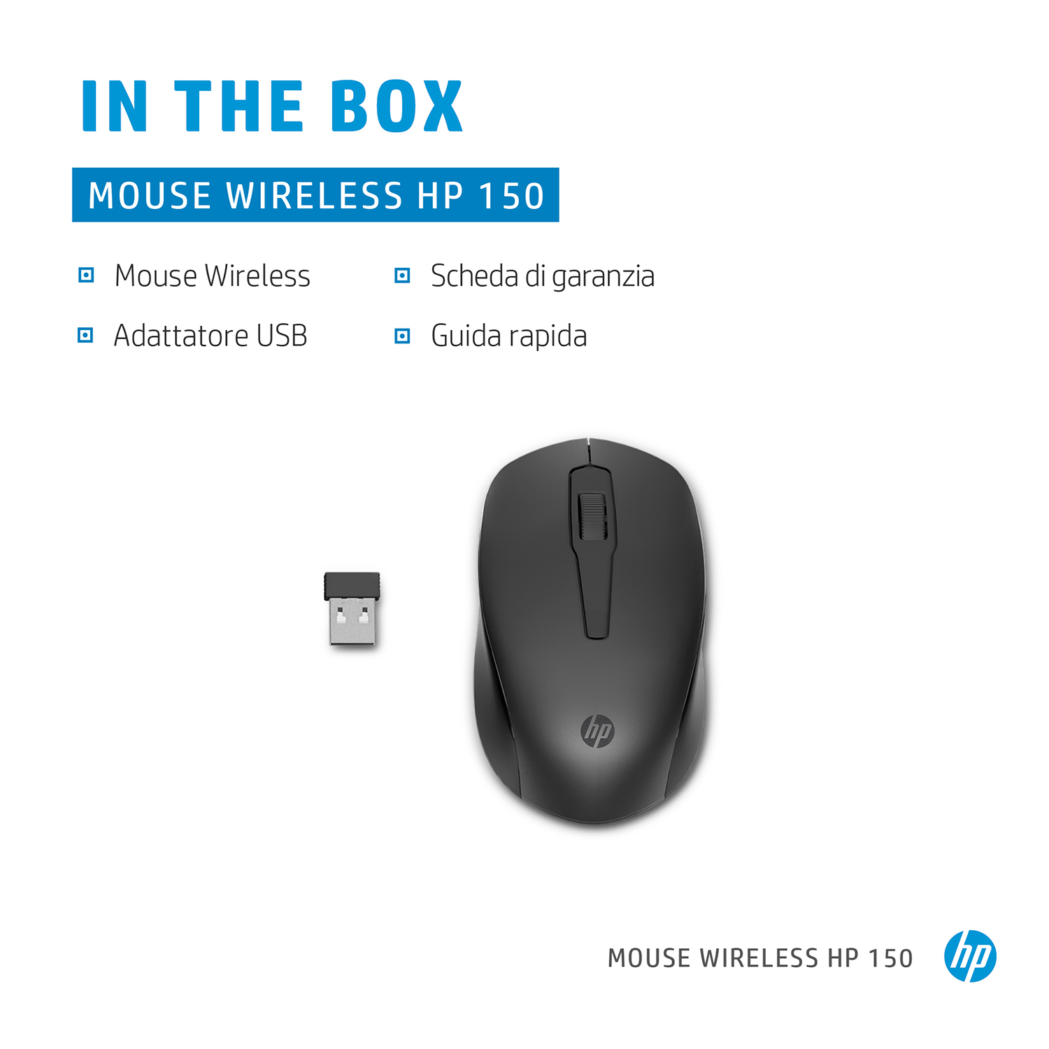 Un mouse wireless nero e il suo adattatore USB su una superficie bianca, con un elenco di elementi.