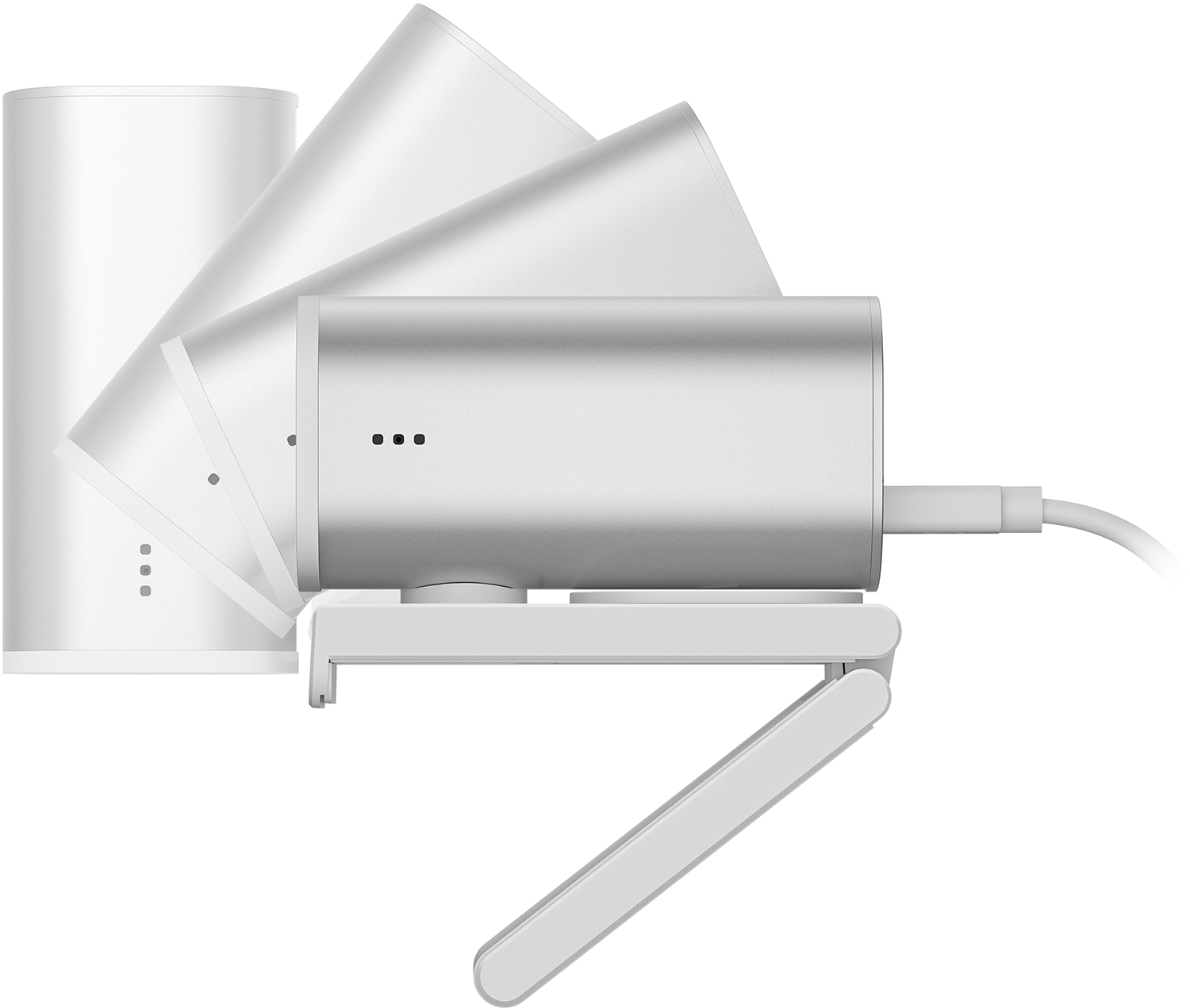 Silver webcam, various angles, with stand and cable.