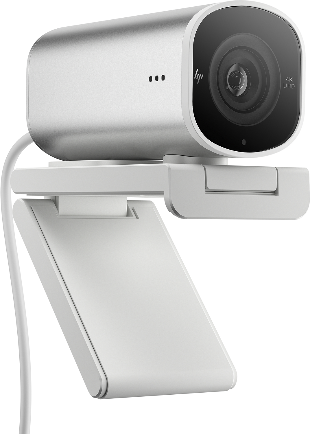 Silver HP webcam with a black lens, three dots, and a white stand. 4K UHD label.