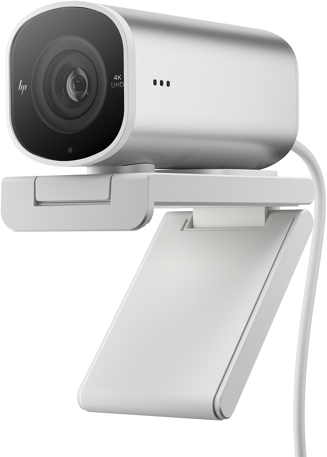 Silver HP webcam with 4K UHD, on a white stand and cable.