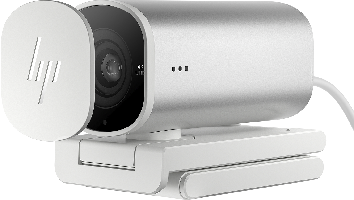 White HP webcam with cover open, on a white stand.