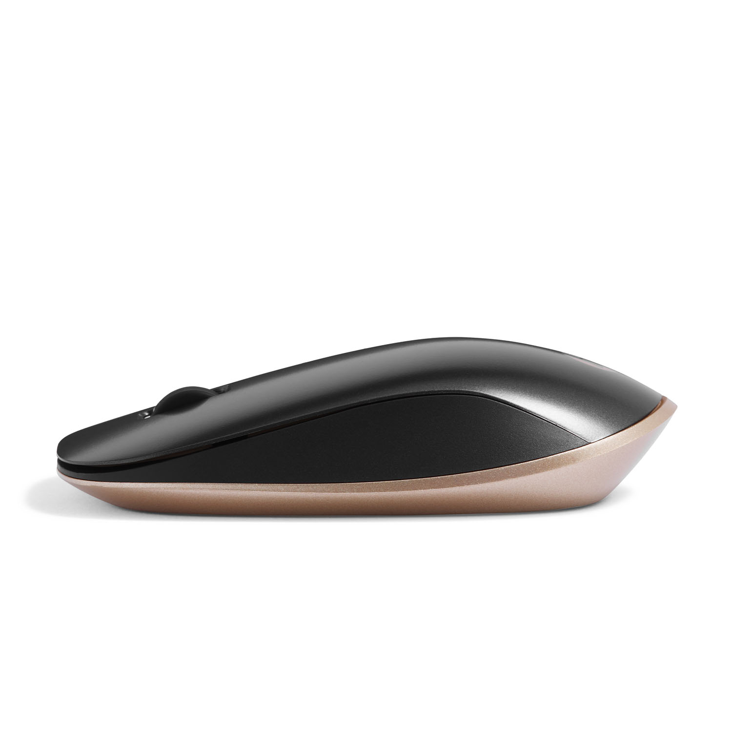 Vista laterale di un mouse per computer wireless nero e oro su sfondo bianco.
