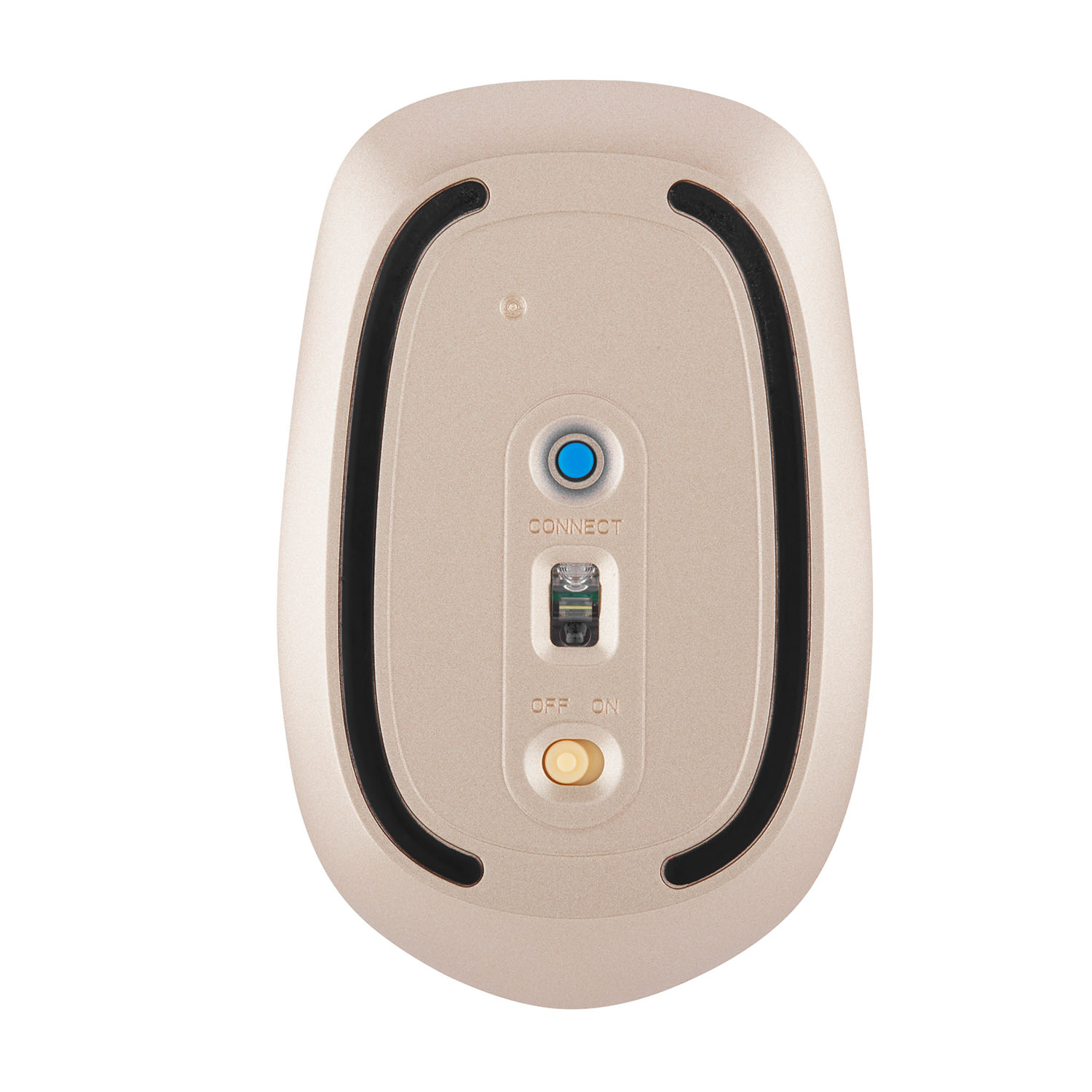 Vista inferiore di un mouse dorato. Include i pulsanti di connessione e on/off e cuscinetti neri sui bordi.