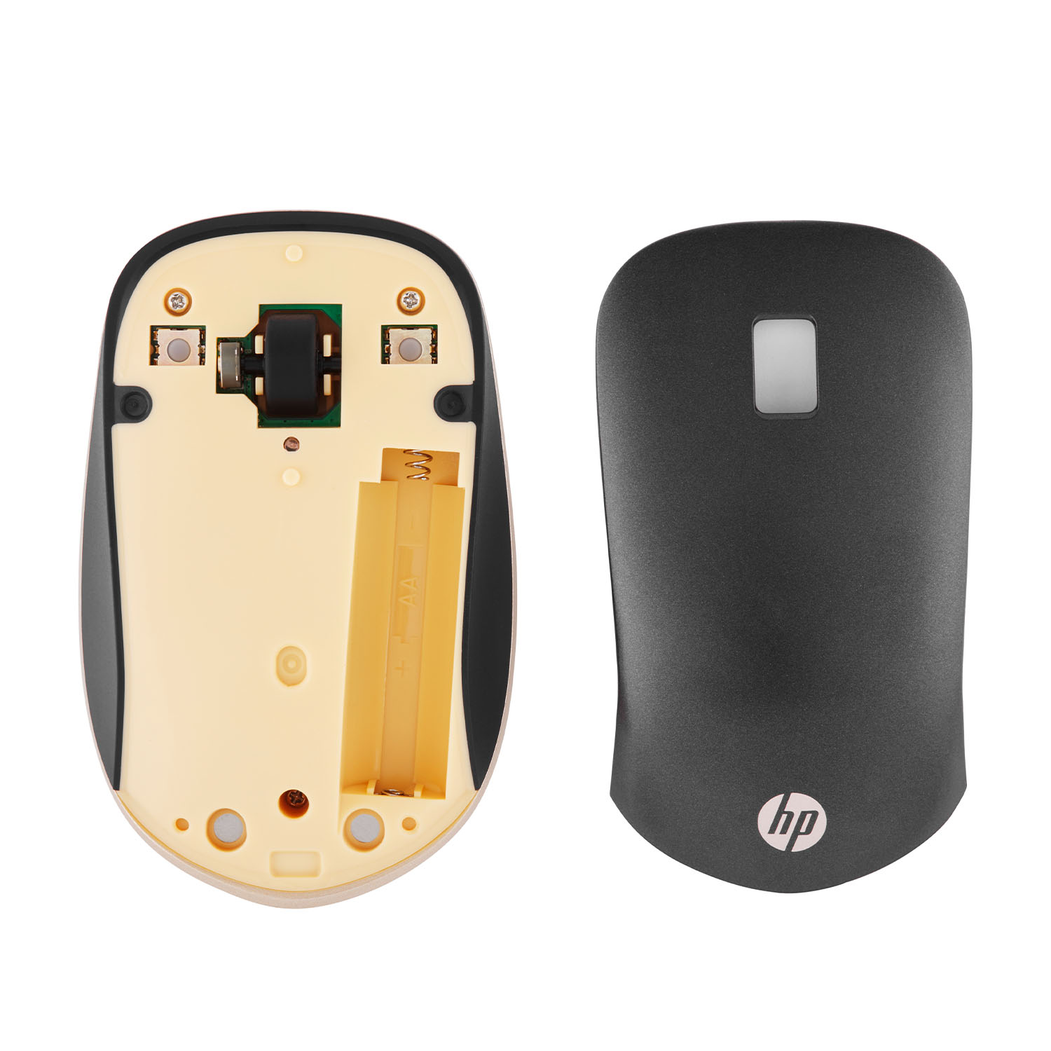 Un mouse HP aperto, che mostra l'interno. È visibile anche il coperchio superiore del mouse.
