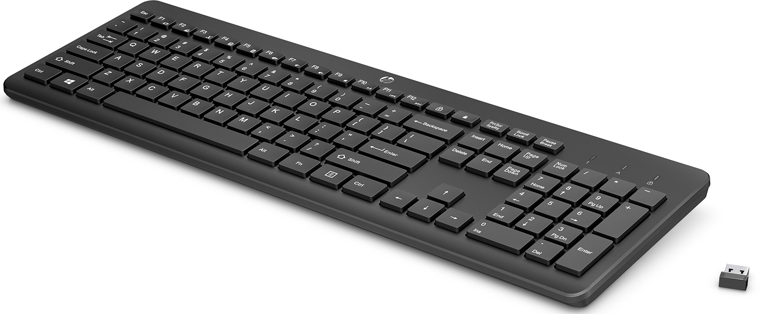 Zwart HP-toetsenbord met numeriek toetsenbord en een USB-ontvanger. De toetsen zijn zichtbaar.